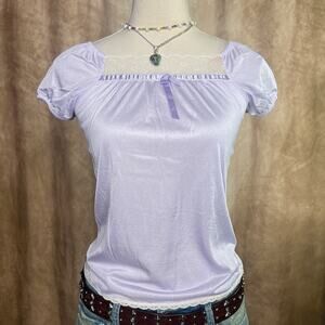 Vintage 70s Satin Square Neck Top Floral Lace Bow Purple Romantic Coquette Pinup